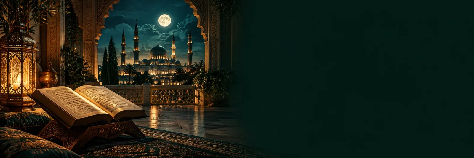 قرآن گشوده و فانوس در ایوانی رو به آسمان شب